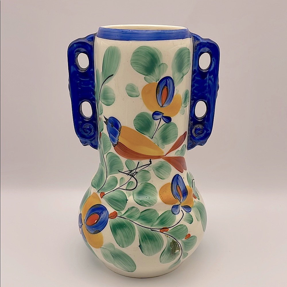 Vintage Bern Pottery Vase, Czechoslovakia, Hand painted, Bird, Handles, Stamped